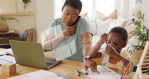 Image of Black woman, laptop and help child with homework, while typing work and proposal for business. Mama, child and assist kid with color book, typing on digital device and bonding being loving and talk.