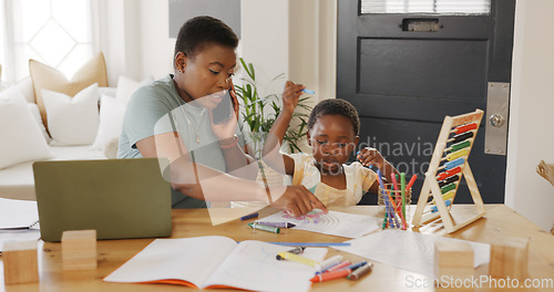 Image of Black woman, laptop and help child with homework, while typing work and proposal for business. Mama, child and assist kid with color book, typing on digital device and bonding being loving and talk.