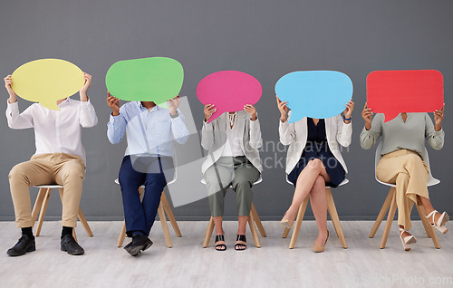 Image of Speech bubble, business people and hide face for social media, voice and diversity in office. Corporate group, businessman and women with opinion, mock up and team building with vote poster