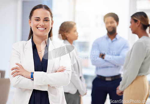 Image of Leadership, smile and portrait of business woman in office with crossed arms, startup success and meeting. Teamwork, collaboration and happy entrepreneur with mission, company pride and support