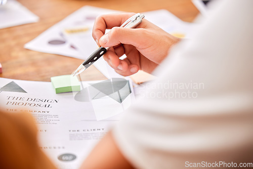 Image of Planning, strategy and hands of an employee with a proposal for analysis, reading and information. Business, corporate and worker a design document for work ideas, inspiration and a plan with notes