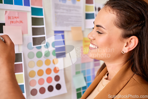 Image of Designer, color palette and woman planning creative project, startup brand development and moodboard inspiration. Ideas, brainstorming and happy design worker or person choice or decision proposal