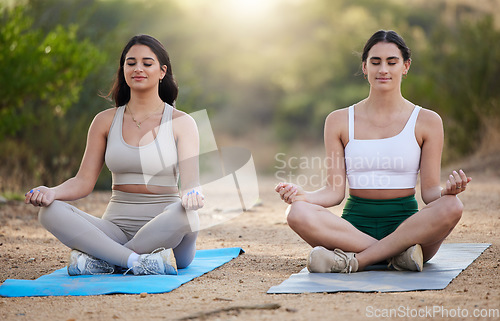 Image of Yoga, meditation and peace with woman friends outdoor in nature, sitting on a mat for mental health or wellness. Fitness, forest or mindfulness with a young female yogi and friend meditating outside