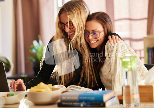 Image of Studying, education and friends or women on laptop for assignment research, teamwork and learning love. Happy remote university students or college people on computer for knowledge and philosophy