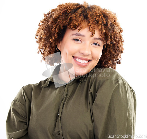 Image of Happy, young and portrait of a black woman with a smile isolated on a white background. Pride, happiness and an African girl with hair empowerment, smiling and confident on a studio backdrop