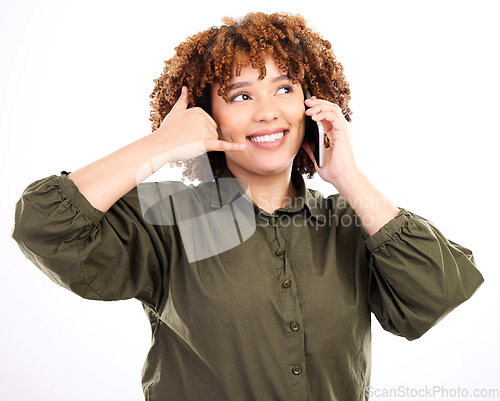 Image of Call me, hand and gesture by black woman with phone happy for communication by fun, excited and young female. Talking, conversation and person with wifi service isolated in a studio white background