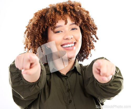 Image of Portrait of black woman pointing you isolated on a white background to show winner, opportunity or success choice. Hiring worker, employee or person finger or hand sign for recruitment or winning