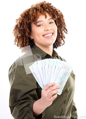 Image of Happy, money and winner with portrait of black woman for investment, success or growth. Cash, dollar and wealth with girl customer isolated on white background for financial, deal or promotion