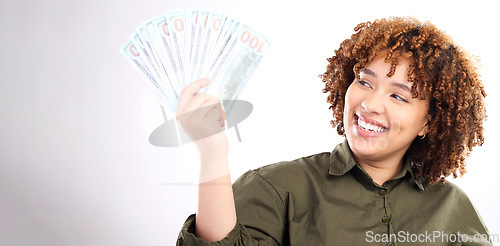 Image of Finance, money and winner with savings with black woman for investment, success or growth. Cash, dollar and wealth with girl customer isolated on white background for financial, deal or promotion