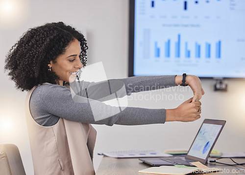 Image of Corporate black woman, table or stretching arms at meeting for finance, budget or accounting presentation. Girl, business health and happy with exercise for stretch fingers, muscle or healthy mindset
