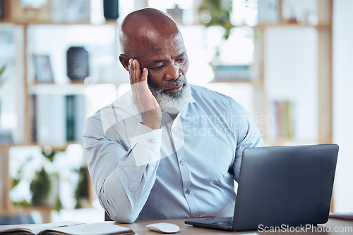 Image of Stress, headache and frustrated black man on laptop in office with 404 technology glitch, crisis or online problem. Business, burnout and computer mistake with anxiety, confused or mental health risk