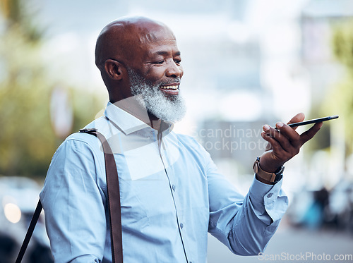 Image of Black man, phone and and communication voice in city for conversation, networking connection or travel. Happy businessman, outdoor and mobile recording on smartphone, audio chat and virtual assistant