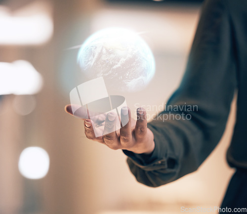 Image of Globe, hologram and person hands for global networking, digital world overlay and futuristic business data. Holographic, future technology and woman worldwide solution in palm for night connection