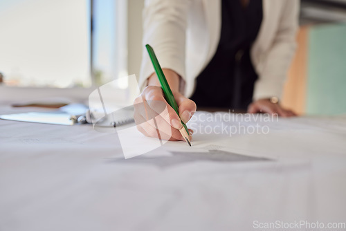 Image of Architecture, drawing and hand with pencil for blueprint, illustration and engineering mockup on desk. Construction design, floor planning and woman writing for property, building and renovation