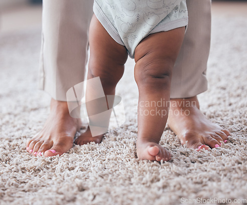 Image of Baby feet, youth walking and kid learning with mother in living room lounge with mobility development. Floor, home and first steps of a young child with mama love, care and support in a house