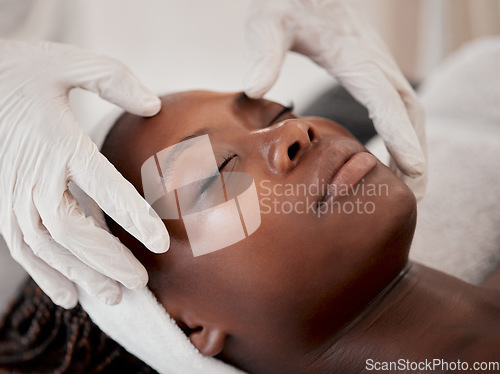 Image of Black woman, face and sleeping in spa facial for beauty skincare, massage or relaxing in treatment. Calm African American female dreaming in luxury physical therapy, zen or relaxation at salon resort