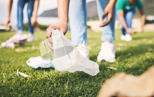 Image of Plastic bag, recycle and community volunteer project with young people cleaning garbage and trash. Happy, recycling and charity work for sustainability, eco friendly and ecology volunteering service