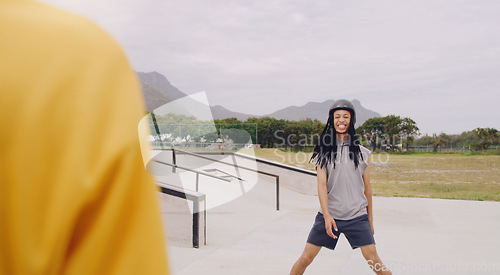 Image of Black man at skate park, sports outdoor with gen z youth, happy and freedom, skating with helmet for safety. Care free, urban and young male, skateboarding or rollerskating, extreme sport and fitness