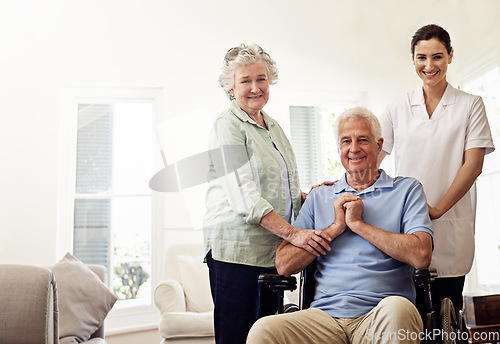 Image of Portrait of old man in wheelchair, elderly couple with nurse and smile at nursing home for care and rehabilitation. Healthcare, disability and happy senior with caregiver and woman in living room.