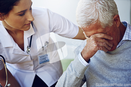 Image of Doctor help sad senior man for support, healthcare and counselling in retirement home. Depressed, old and elderly patient with nurse, crying and empathy for depression, psychology problem and anxiety