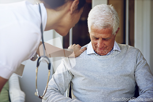 Image of Nurse comfort depressed senior man for support, healthcare and counselling in retirement home. Sad, old and elderly patient with caregiver, crying and empathy for depression, lonely problem and worry