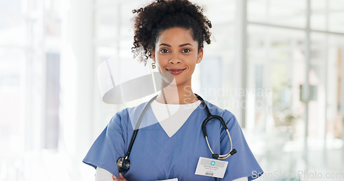Image of African American Women, face and doctor smile for healthcare, vision or career ambition and advice at the hospital. Portrait of happy and confident Japanese medical expert smiling, phd or medicare at