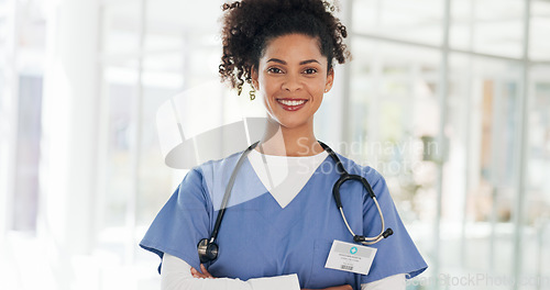 Image of African American Women, face and doctor smile for healthcare, vision or career ambition and advice at the hospital. Portrait of happy and confident Japanese medical expert smiling, phd or medicare at