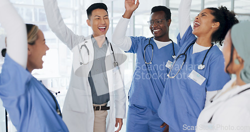 Image of Doctor, hands or stack in teamwork motivation, collaboration or cheering in healthcare, wellness or life insurance. Smile, happy or clapping medical people in success, diversity or celebration circle