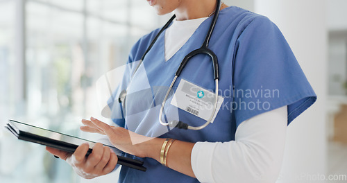 Image of Nurse, thinking or tablet in hospital surgery planning, schedule management or Japanese treatment research. Woman, doctor or healthcare worker on technology for medical research or medicine insurance