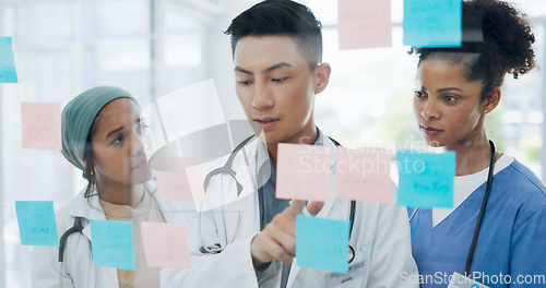 Image of Doctors, planning or teamwork meeting on hospital calendar, sticky notes strategy or glass wall innovation. Healthcare, people or talking worker nurse and medical diversity vision or surgery schedule