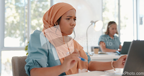 Image of Laptop, confused and professional woman reading information for a project on the internet. Thinking, brainstorming and female muslim or islam employee working on a report with computer in the office.