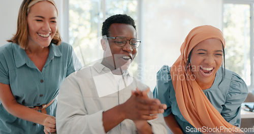 Image of Success, good news and team in celebration in the office for achievement, teamwork or goal on laptop. Diversity, celebrate and happy business people celebrating successful collaboration in workplace.