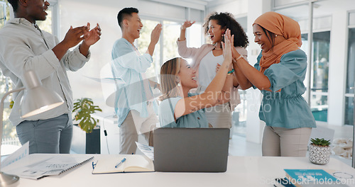 Image of Celebration, winning and team throw papers for project success, achievement and goals. Excited, happy and business people celebrate successful teamwork or collaboration by throwing document in office