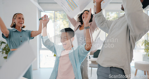 Image of Celebration, victory and team throw paper to celebrate achievement, success or goals. Happiness, wow and team throwing documents while celebrating successful teamwork or collaboration in the office.