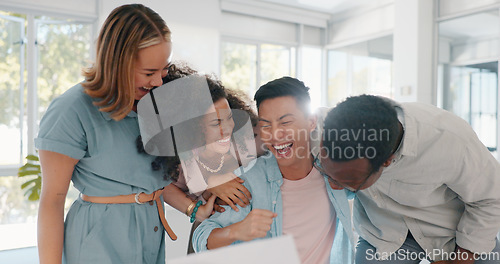 Image of High five, winner and business people with laptop in celebration for stock trading bonus, profit and sales target. Teamwork, support and excited group of workers hug, applause and cheer for winning