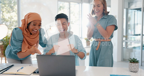 Image of Excited, laptop email and business people reading news, achievement and win with support at work. Wow, motivation and employees with high five, for success, bonus and competition on a computer