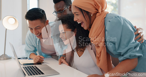 Image of Winner, teamwork and business people with laptop in celebration for stock trading bonus, profit and sales. Support, motivation and excited group of workers high five, applause and winning in officeWi