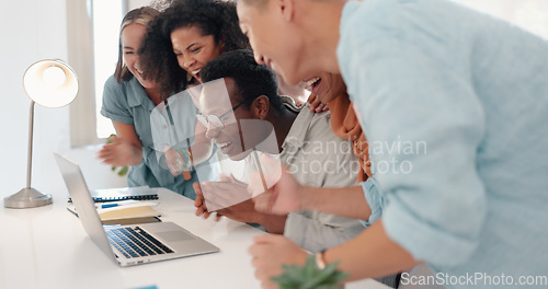 Image of Winner, teamwork and business people with laptop in celebration for stock trading bonus, profit and sales. Support, motivation and excited group of workers high five, applause and winning in office