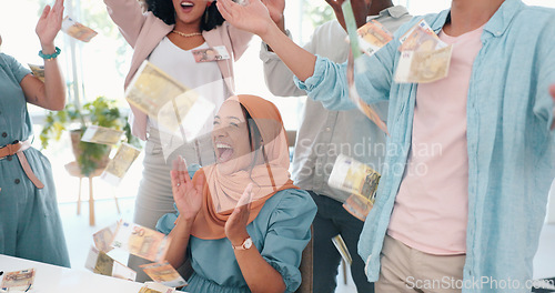 Image of Business team, cash and money rain for bonus salary, success and winning. Winner, group and employees celebrate stock market, financial freedom and high five for investment, sales profit and economy