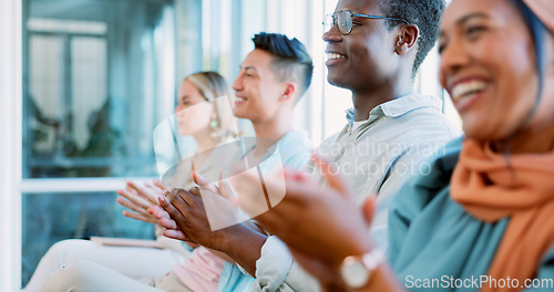 Image of Applause, business people and crowd in conference, workshop and motivation in convention room. Happy workers clapping hands, and seminar of success, goals and team inspiration in presentation meeting