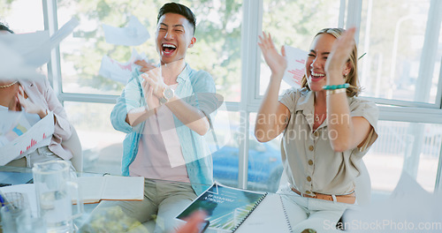 Image of Teamwork, winner or high five with a business team throwing documents during applause at a meeting. Paperwork, collaboration and motivation with a man and woman employee in celebration at the office