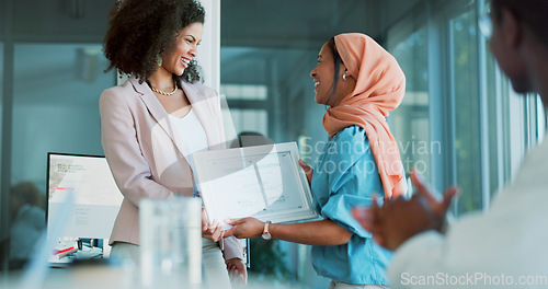 Image of Award, winner and applause with a business black woman and team in celebration of the achievement of a male colleague. Thank you, meeting and support with a Muslim african american women being awarde