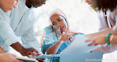 Image of Muslim business woman, multitasking and chaos with stress, paperwork and phone call, time management fail. Challenge, corporate burnout zoom with laptop and communication with work balance problem