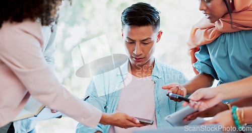 Image of Business asian man, multitasking and chaos with stress, paperwork and phone call with time management fail. Challenge, documents and corporate burnout zoom, laptop and communication, work balance pro