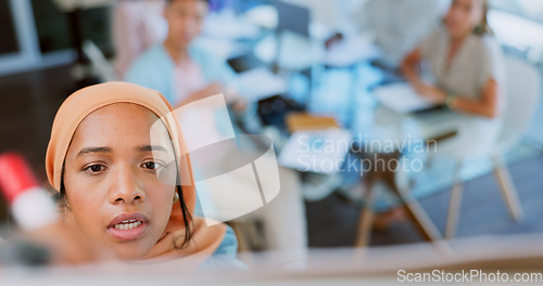 Image of Presentation, meeting and coaching with a business black woman writing on a whiteboard during a boardroom seminar. Leadership, training and audience with a female speaker in a workshop for learning