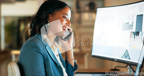 Image of Phone call, consulting and night with business woman at computer for planning, networking and digital marketing. Leadership, management and deal with employee in office for help, review and website
