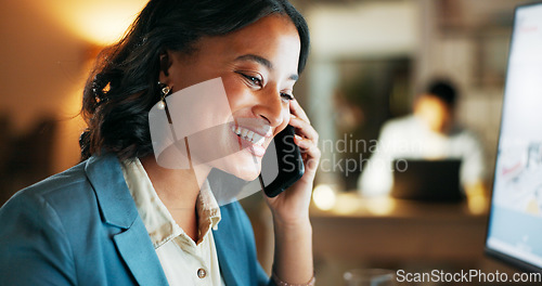 Image of Phone call, smile and night with business woman at computer for planning, networking and digital marketing. Leadership, management and deal with employee in office for help, review and website