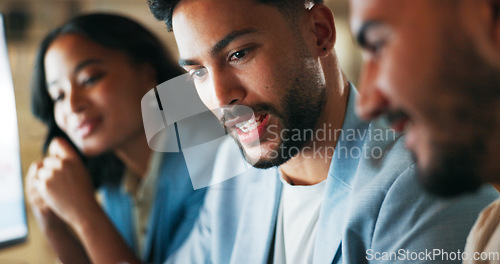 Image of Business team, discussion and computer work of a web management group with teamwork. Office communication, talking and digital strategy planning of an Indian employee with worker collaboration