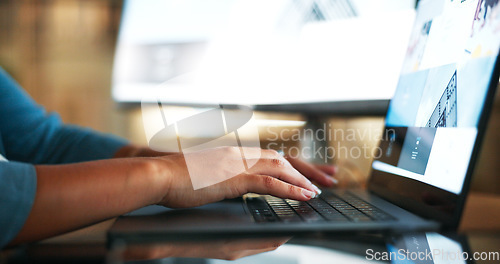 Image of Research, laptop and hands of business woman and typing for planning, web design and advertising idea. Technology, creative and software with employee and keyboard in digital agency