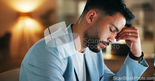 Image of Night headache, stress and business man anxiety, frustrated or fatigue on computer mental health problem. Professional person burnout risk, depression or angry for online job crisis, fail or mistake